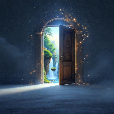The primary subject of the image is a door with a painting of a waterfall on it. The door is open, and the painting appears to be a digital artwork. The setting is a room with a white floor, and the visual style is a combination of painting and digital art. The colors and mood of the image are predominantly white, with a touch of blue from the waterfall painting, creating a serene and peaceful atmosphere.